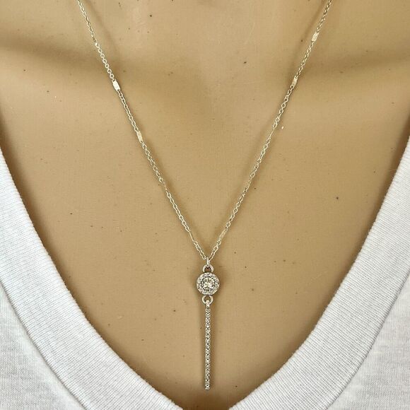 Silver Tone Necklace Rhinestone Bar Pendant 18in Trace Chain - Picture 12 of 12
